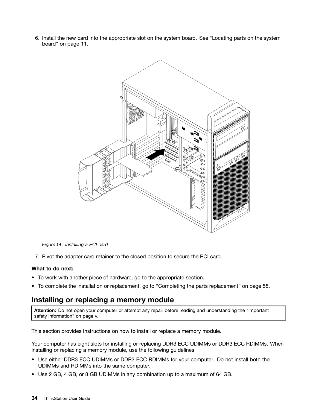 Lenovo 606, 569, 568, 567 manual Installing or replacing a memory module, Installing a PCI card 