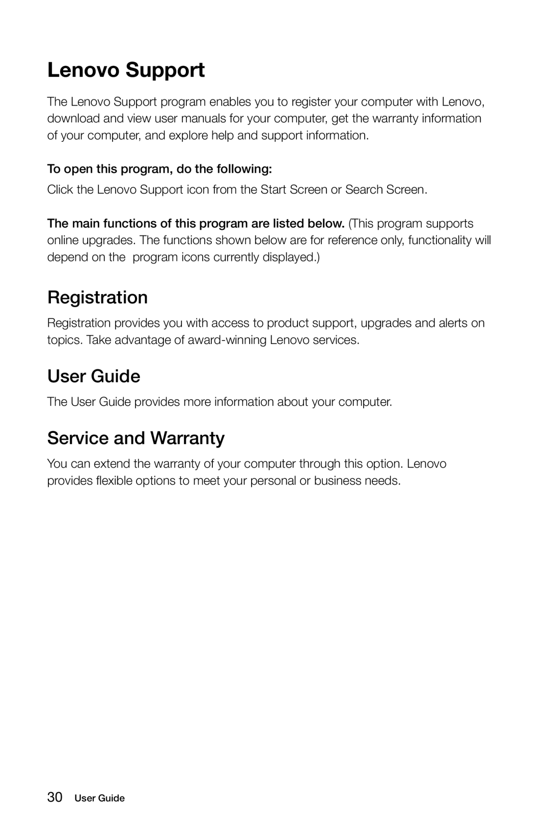 Lenovo 57315616 manual Lenovo Support, Registration, User Guide, Service and Warranty 