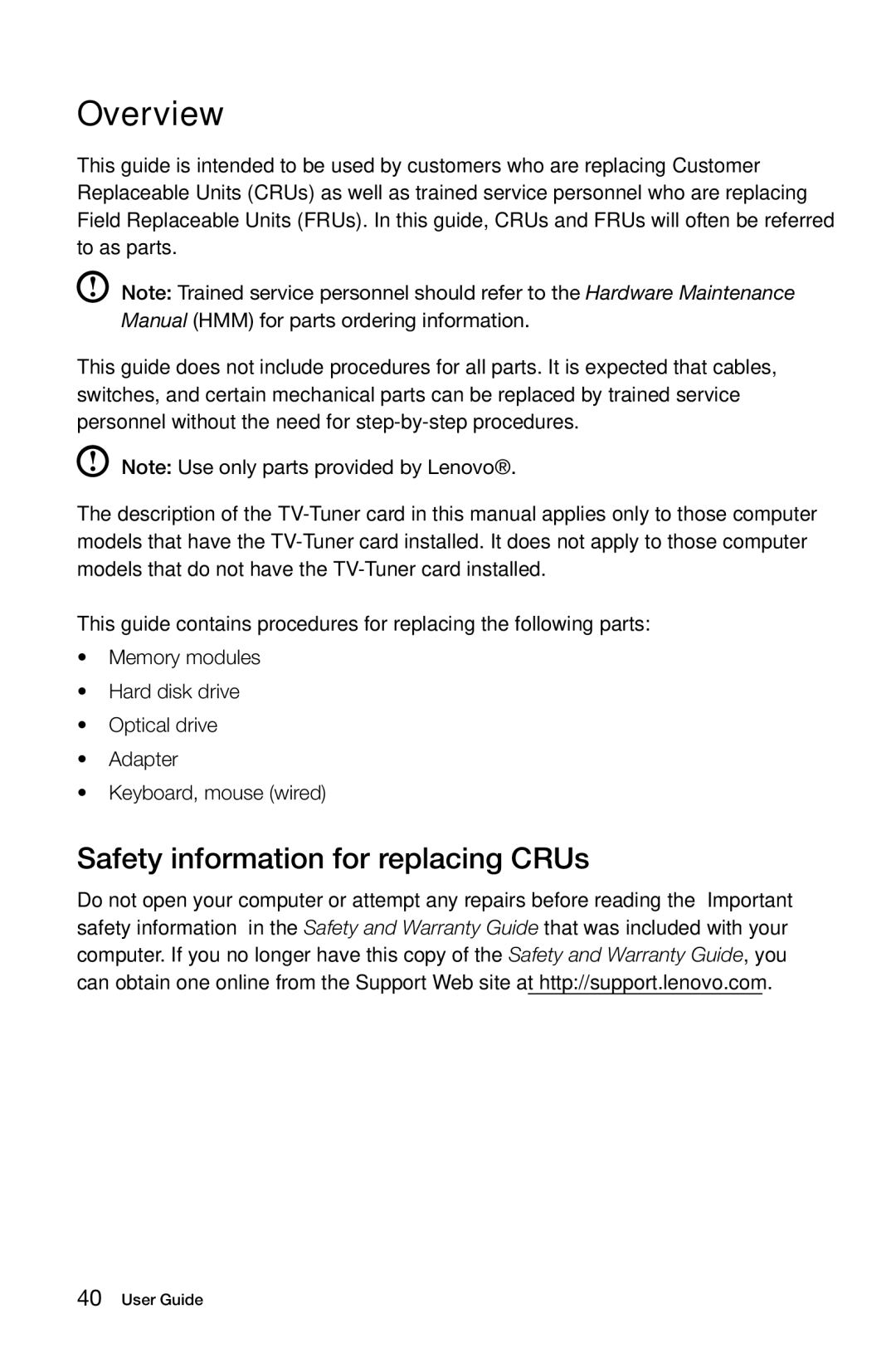 Lenovo 57315616 manual Overview, Safety information for replacing CRUs 