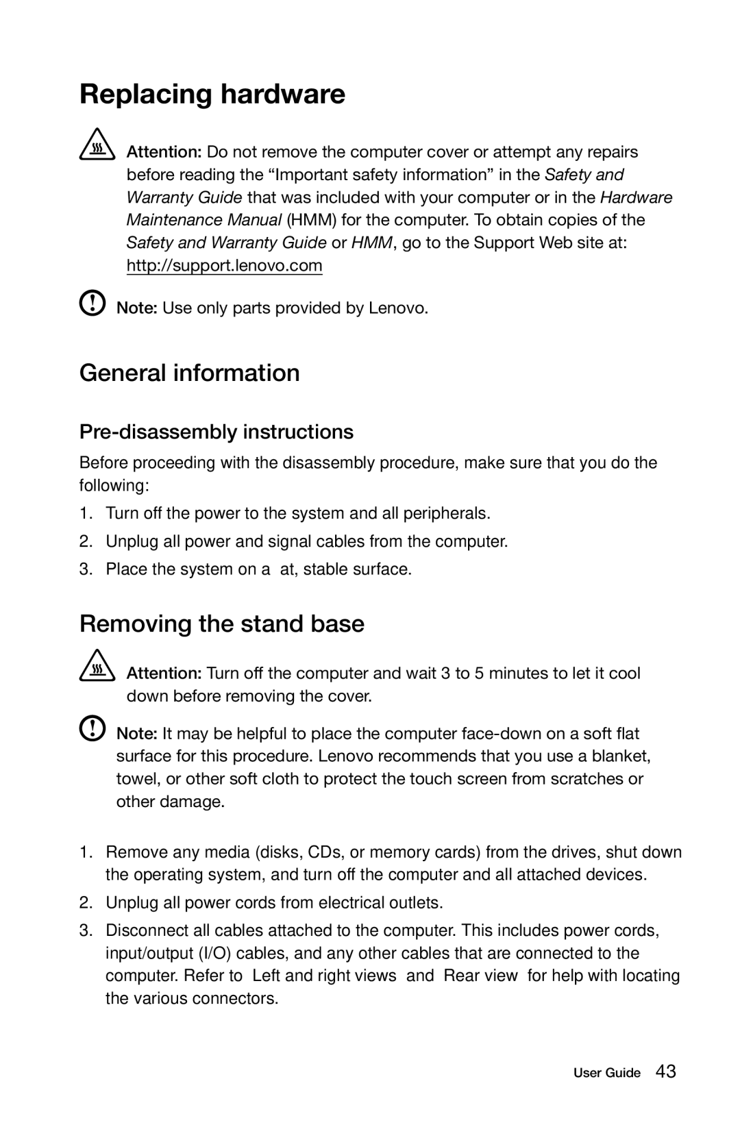 Lenovo 57315616 manual Replacing hardware, General information, Removing the stand base 