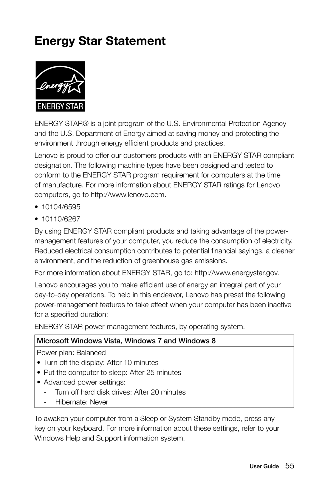 Lenovo 57315616 manual Energy Star Statement, 10104/6595 10110/6267 