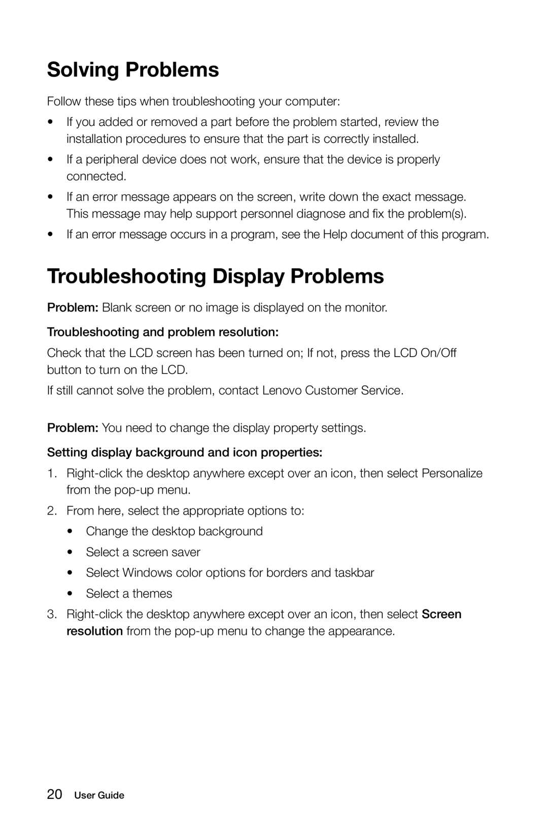 Lenovo C445, 57315617, 57312695, 57315603, C440, C345, C540 manual Solving Problems, Troubleshooting Display Problems 