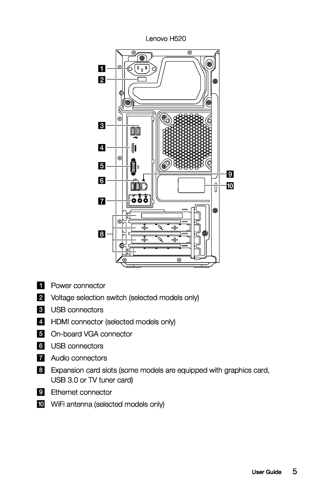 Lenovo 57321302 Power connector, Voltage selection switch selected models only USB connectors, Lenovo H520, User Guide 