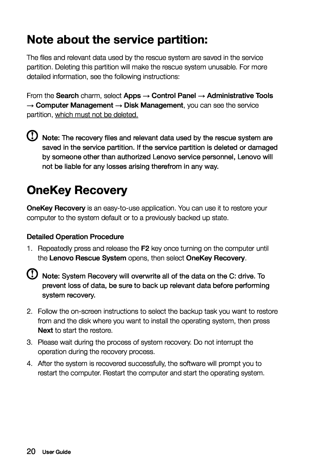 Lenovo 57321302 manual Note about the service partition, OneKey Recovery 