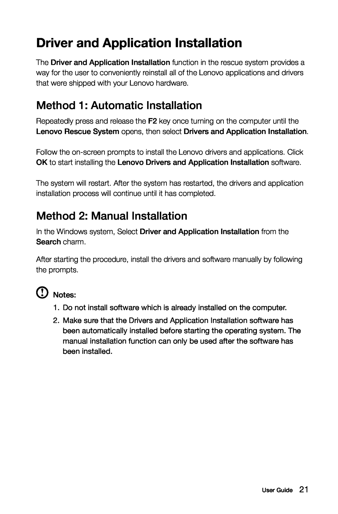 Lenovo 57321302 manual Driver and Application Installation, Method 1 Automatic Installation, Method 2 Manual Installation 