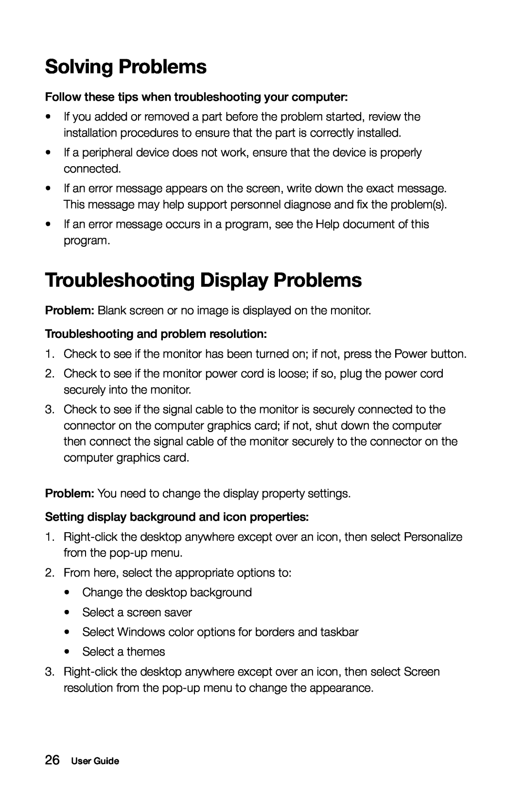 Lenovo 57321302 manual Solving Problems, Troubleshooting Display Problems 