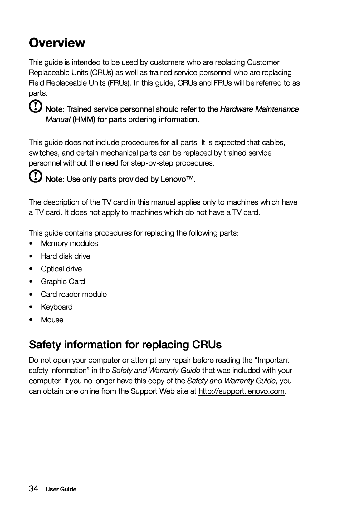 Lenovo 57321302 manual Overview, Safety information for replacing CRUs 