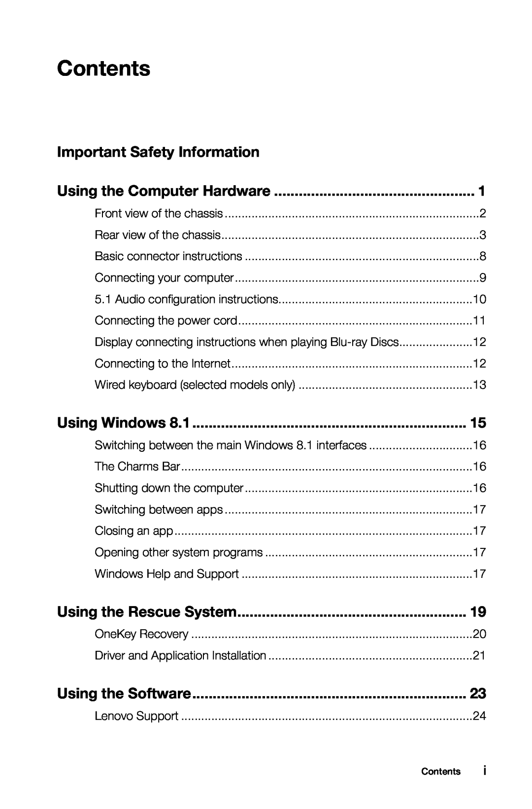 Lenovo 57321302 manual Contents, Important Safety Information, Using Windows, Using the Rescue System, Using the Software 