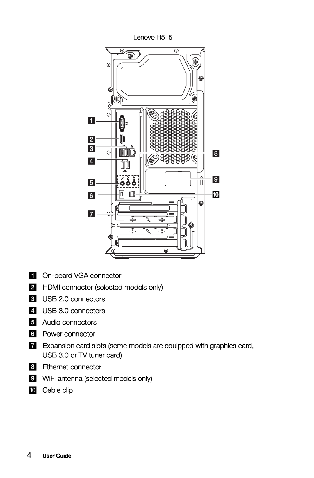 Lenovo 57321302 On-board VGA connector, HDMI connector selected models only USB 2.0 connectors, Lenovo H515, User Guide 