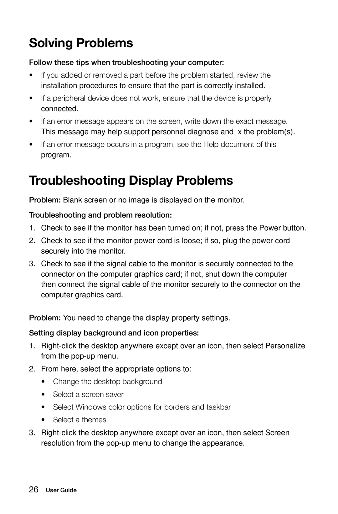 Lenovo 57321302 manual Solving Problems, Troubleshooting Display Problems 