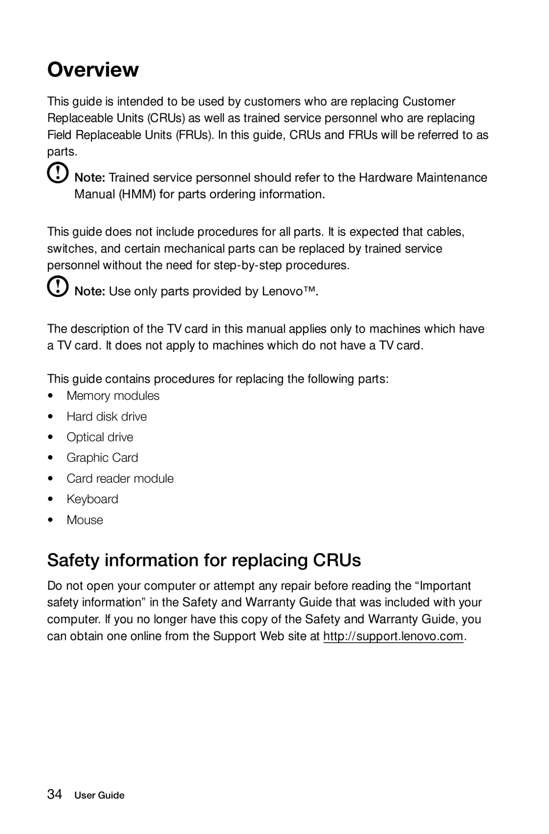 Lenovo 57321302 manual Overview, Safety information for replacing CRUs 