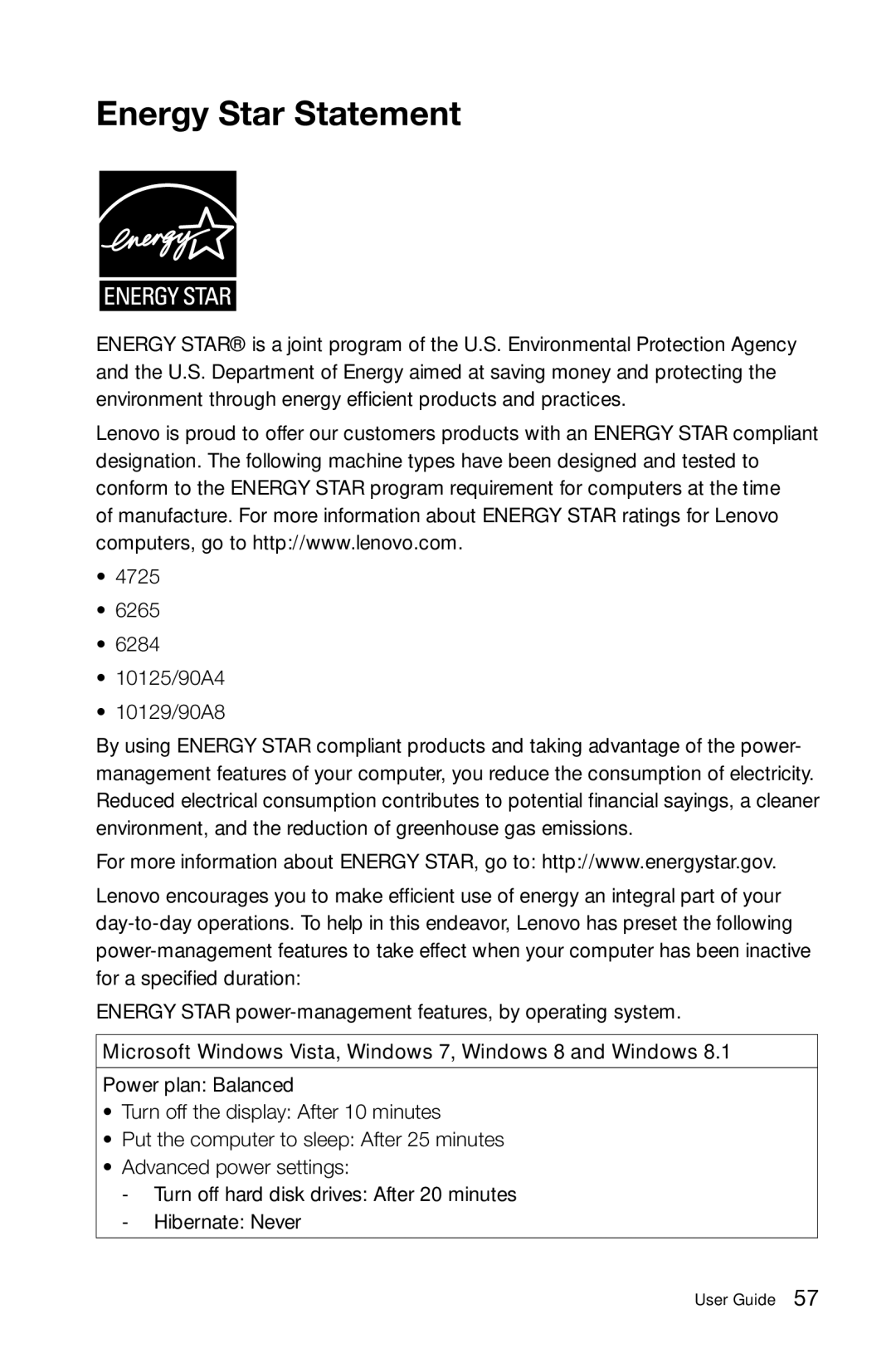 Lenovo 57321302 manual Energy Star Statement, 4725 6265 6284 10125/90A4 10129/90A8 