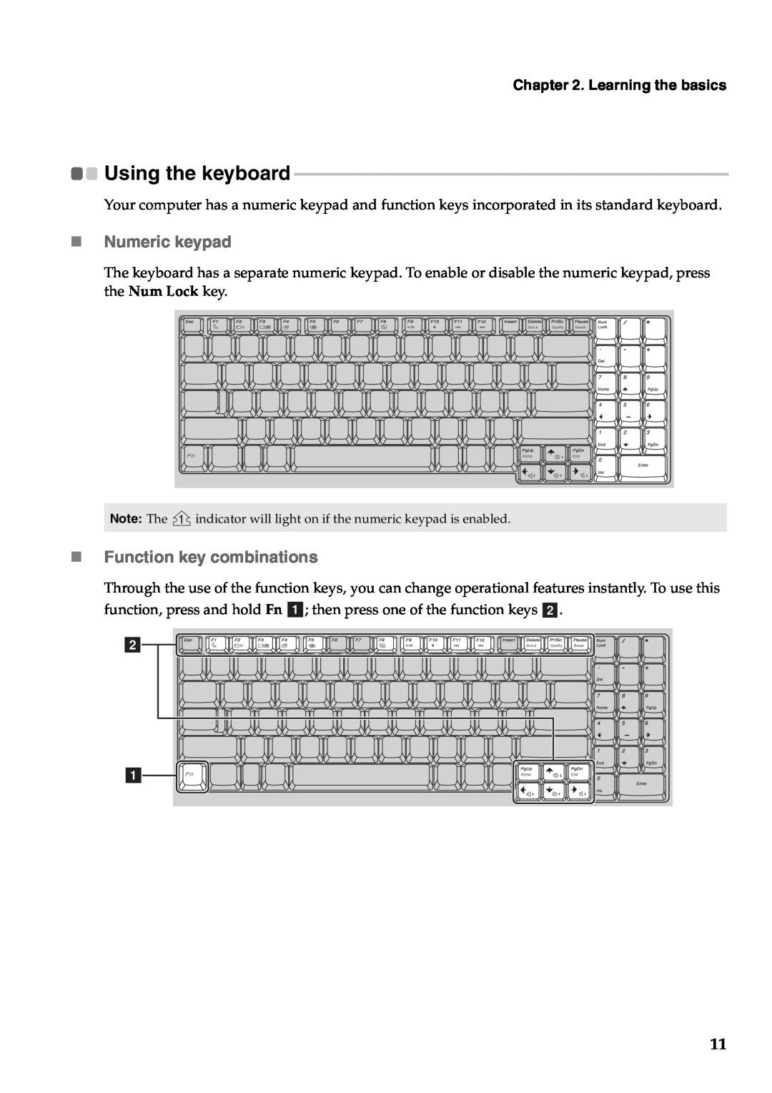 Lenovo B550, 57323748 manual „Numeric keypad, „Function key combinations, Learning the basics, Using the keyboard 