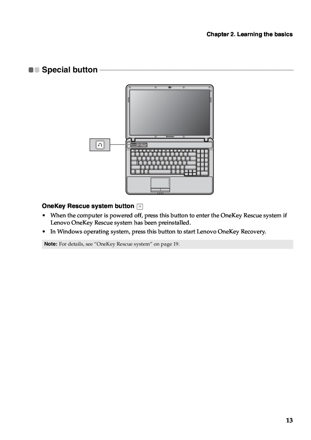 Lenovo B550, 57323748 manual Learning the basics, OneKey Rescue system button, Special button 