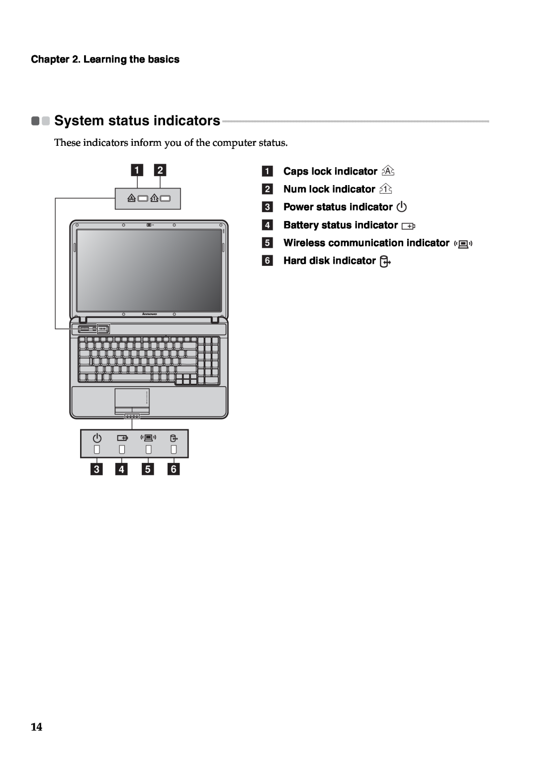 Lenovo 57323748, B550 c d e f, System status indicators, Learning the basics, a Caps lock indicator, b Num lock indicator 