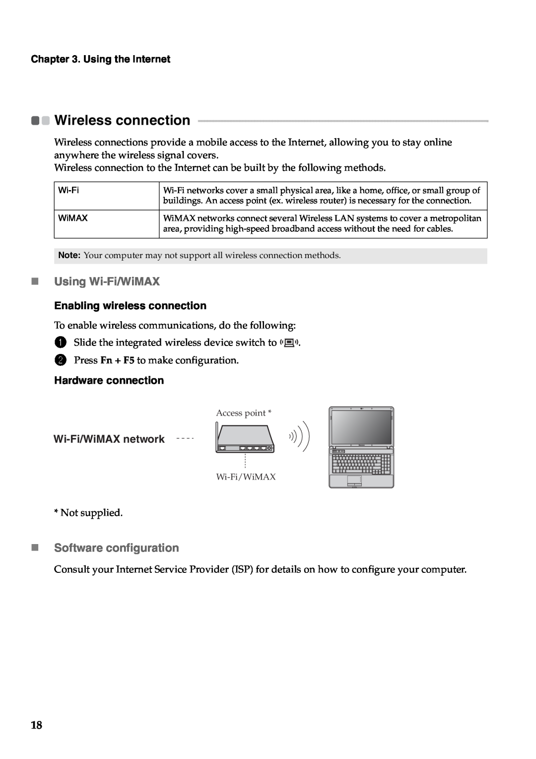 Lenovo 57323748 Wireless connection, „Using Wi-Fi/WiMAX, „Software configuration, Using the Internet, Hardware connection 
