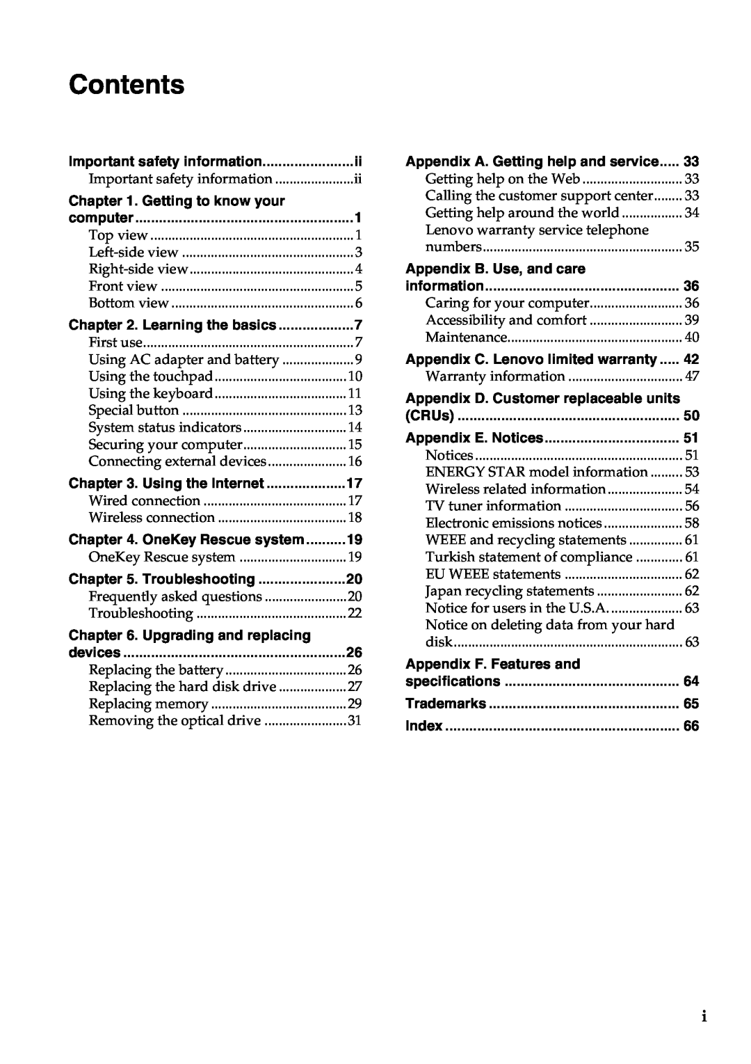 Lenovo B550 Contents, Getting to know your, Upgrading and replacing, Appendix B. Use, and care, Appendix F. Features and 