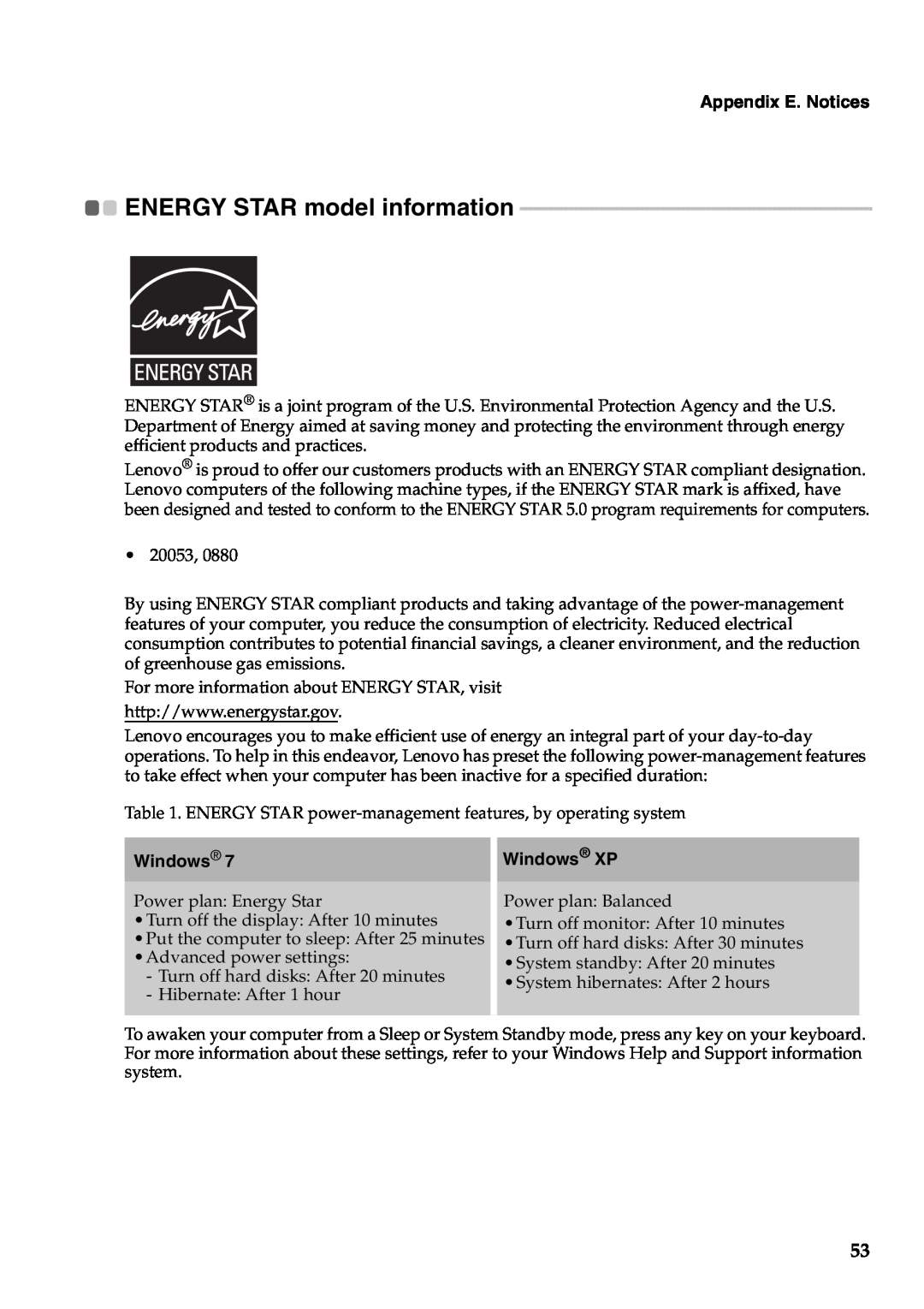 Lenovo B550, 57323748 manual ENERGY STAR model information, Appendix E. Notices, Windows XP 