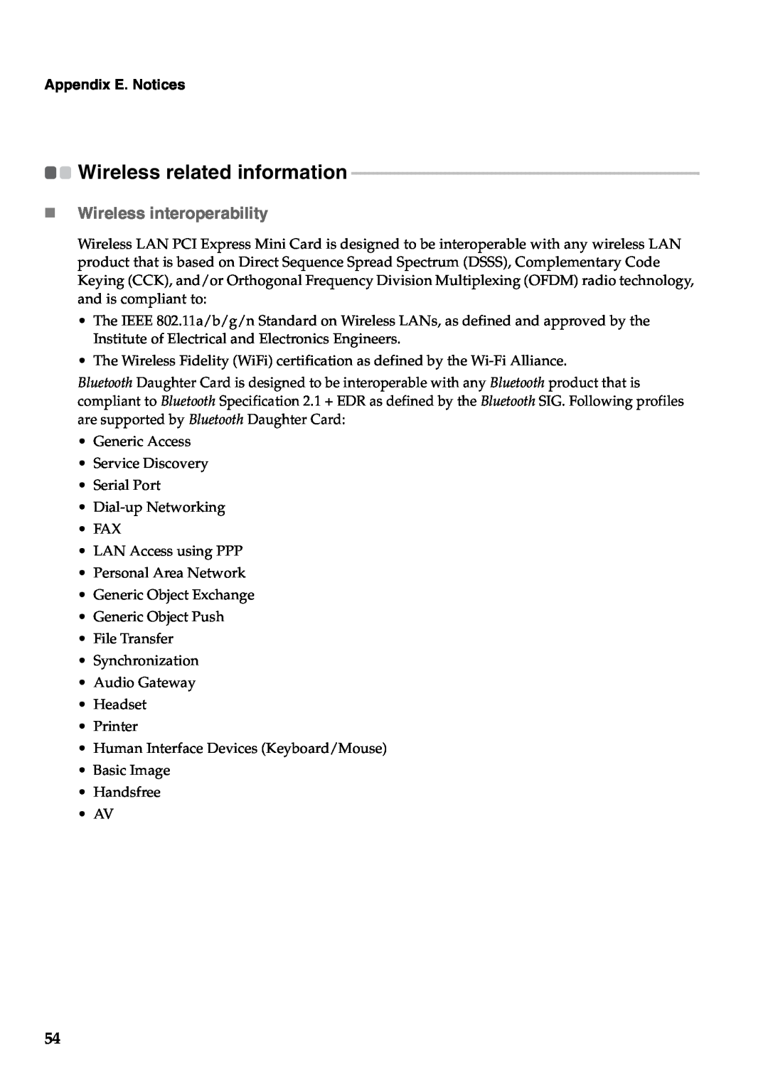Lenovo 57323748, B550 manual Wireless related information, „Wireless interoperability, Appendix E. Notices 