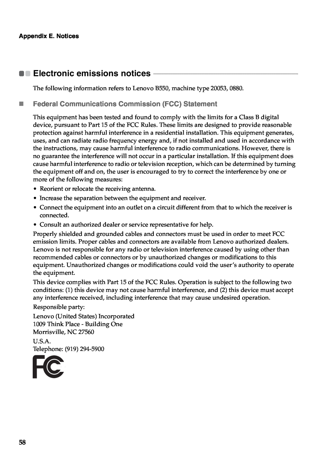 Lenovo 57323748, B550 Electronic emissions notices, „Federal Communications Commission FCC Statement, Appendix E. Notices 