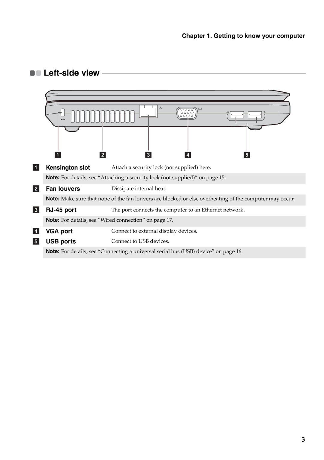 Lenovo B550, 57323748 manual Getting to know your computer, Fan louvers, RJ-45 port, VGA port, USB ports 