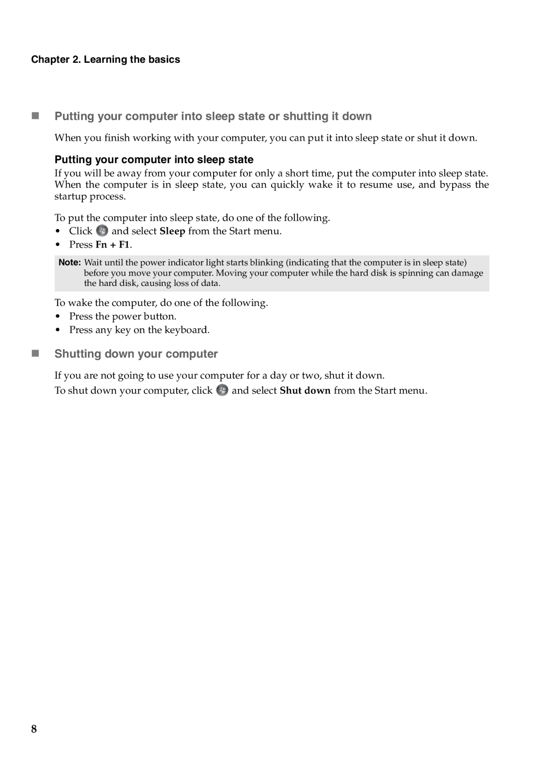 Lenovo 57323748, B550 manual „ Shutting down your computer, Learning the basics, Putting your computer into sleep state 