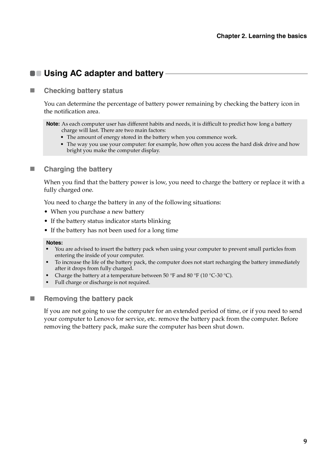 Lenovo B550 Using AC adapter and battery, „ Checking battery status, „ Charging the battery, „ Removing the battery pack 