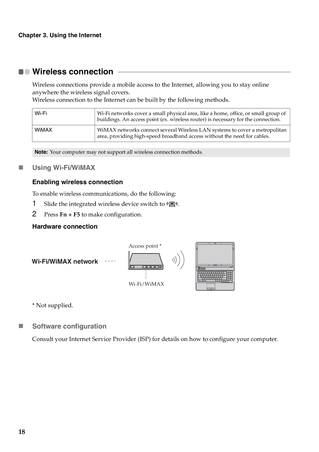 Lenovo 57323748, B550 manual Wireless connection, „ Using Wi-Fi/WiMAX, Using the Internet, Enabling wireless connection 