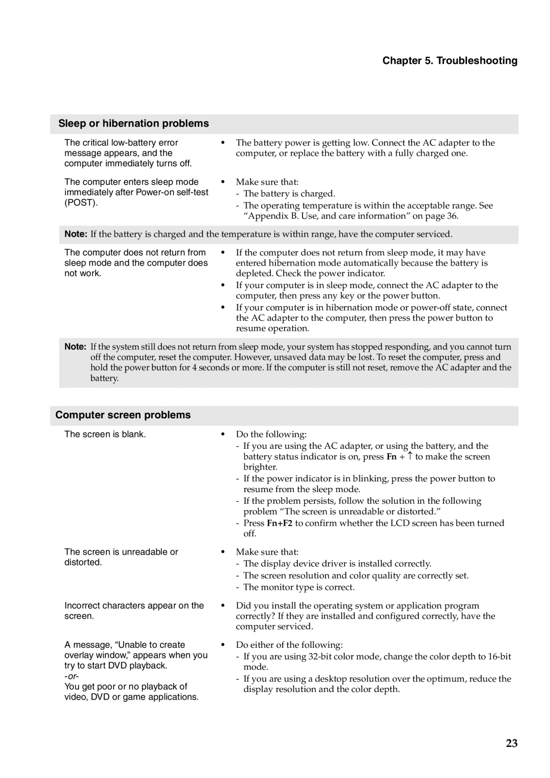 Lenovo B550, 57323748 manual Troubleshooting Sleep or hibernation problems, Computer screen problems 