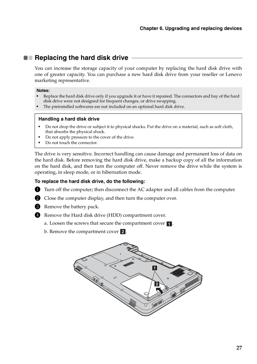 Lenovo B550, 57323748 manual Replacing the hard disk drive, Upgrading and replacing devices, Handling a hard disk drive 