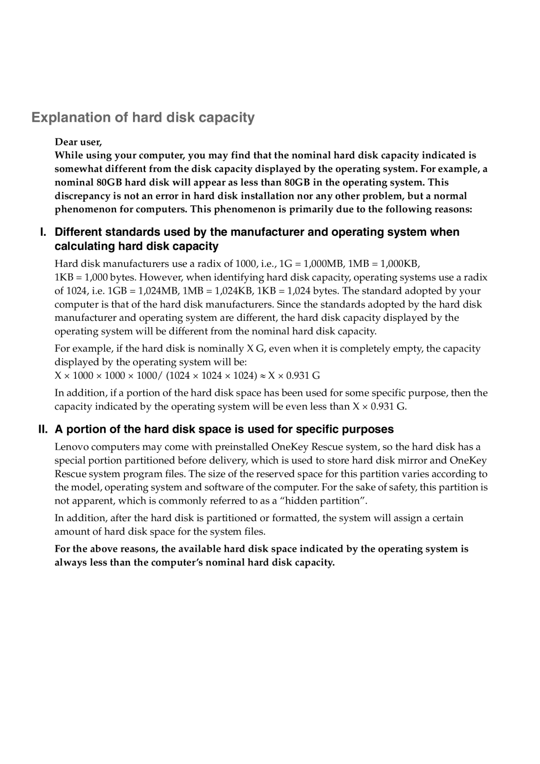 Lenovo 57323748, B550 manual Explanation of hard disk capacity 