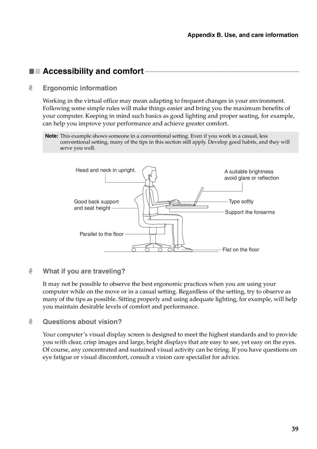 Lenovo B550, 57323748 manual „ Ergonomic information, „ What if you are traveling?, „ Questions about vision? 