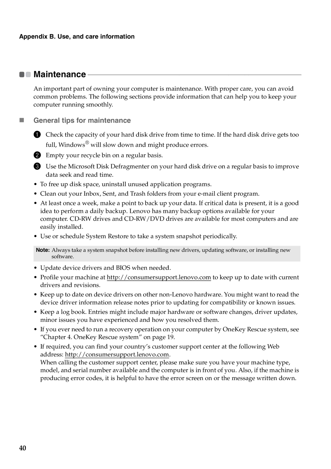 Lenovo 57323748, B550 manual „ General tips for maintenance 