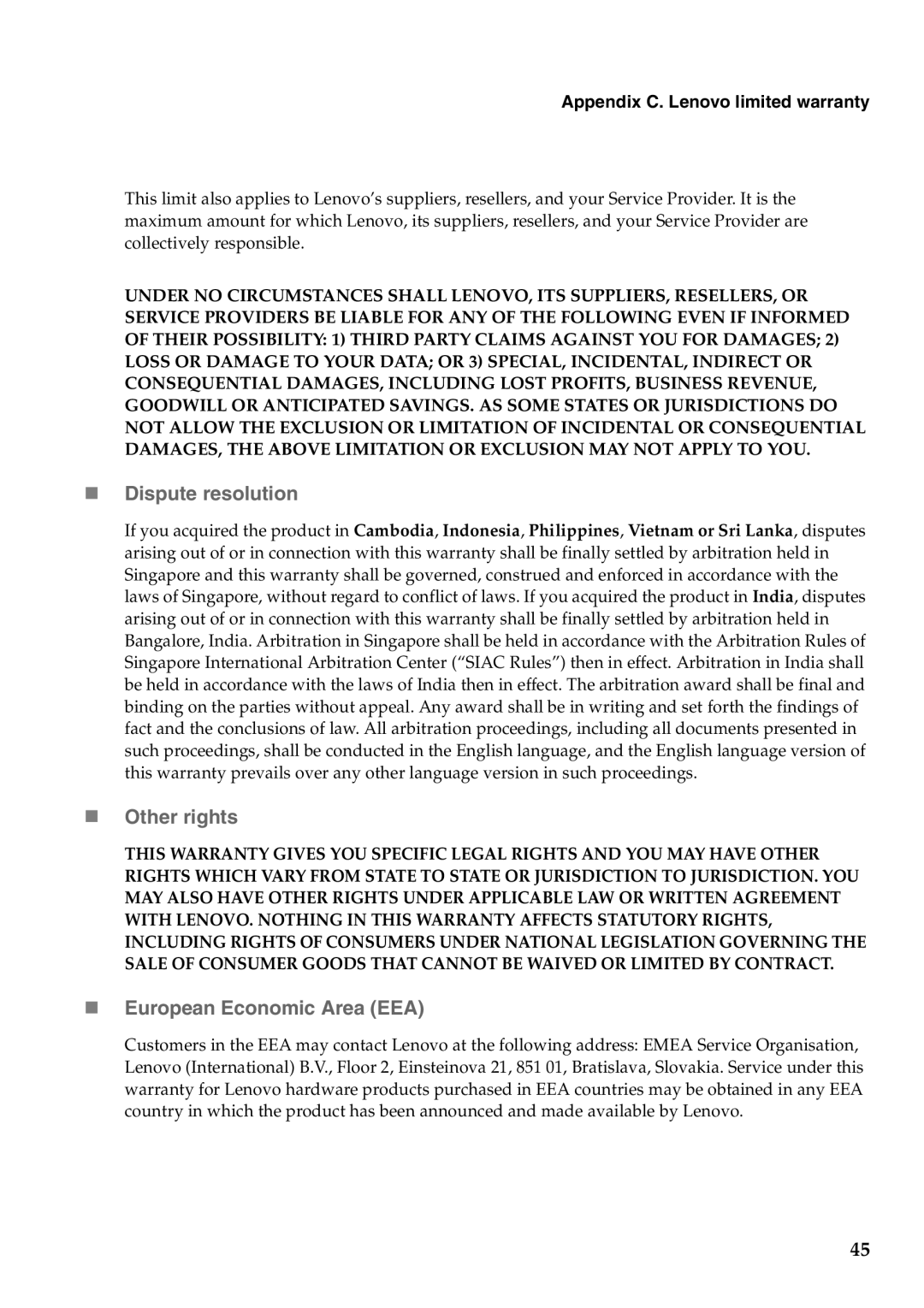 Lenovo B550, 57323748 manual „ Dispute resolution, „ Other rights, „ European Economic Area EEA 