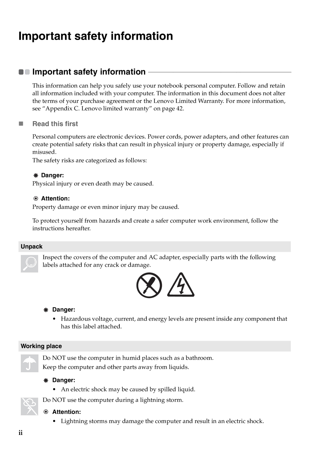 Lenovo 57323748, B550 manual Important safety information, „ Read this first, Unpack, Working place 