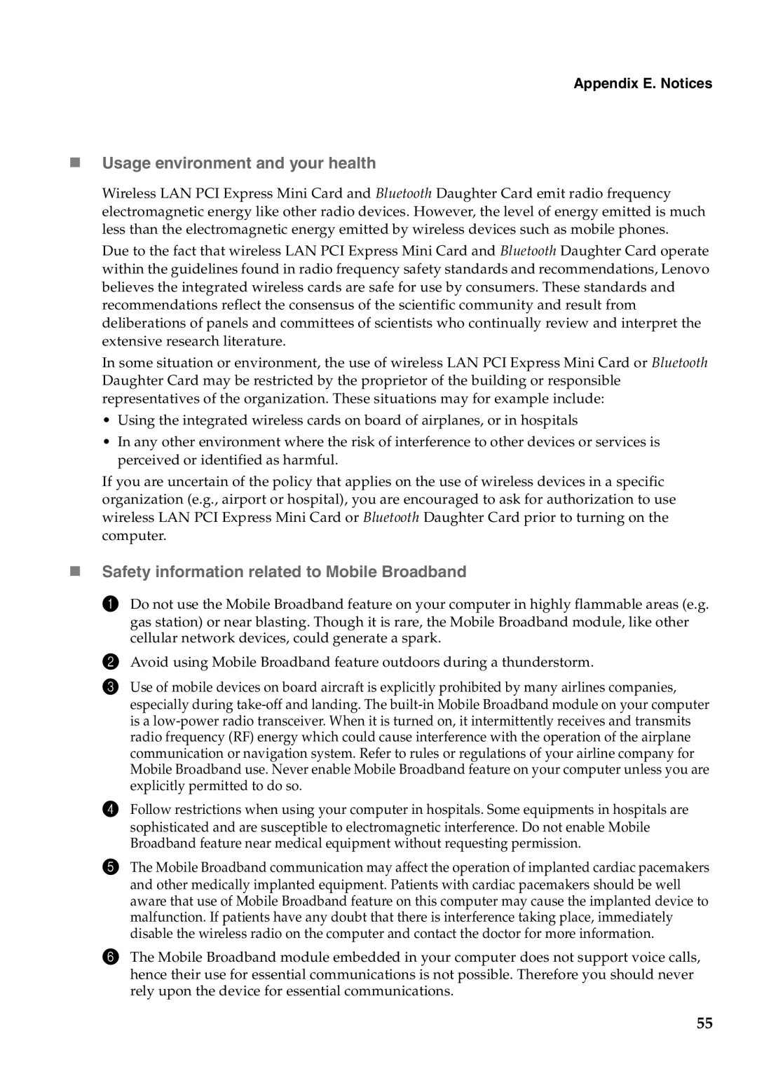 Lenovo B550, 57323748 manual „ Usage environment and your health, „ Safety information related to Mobile Broadband 