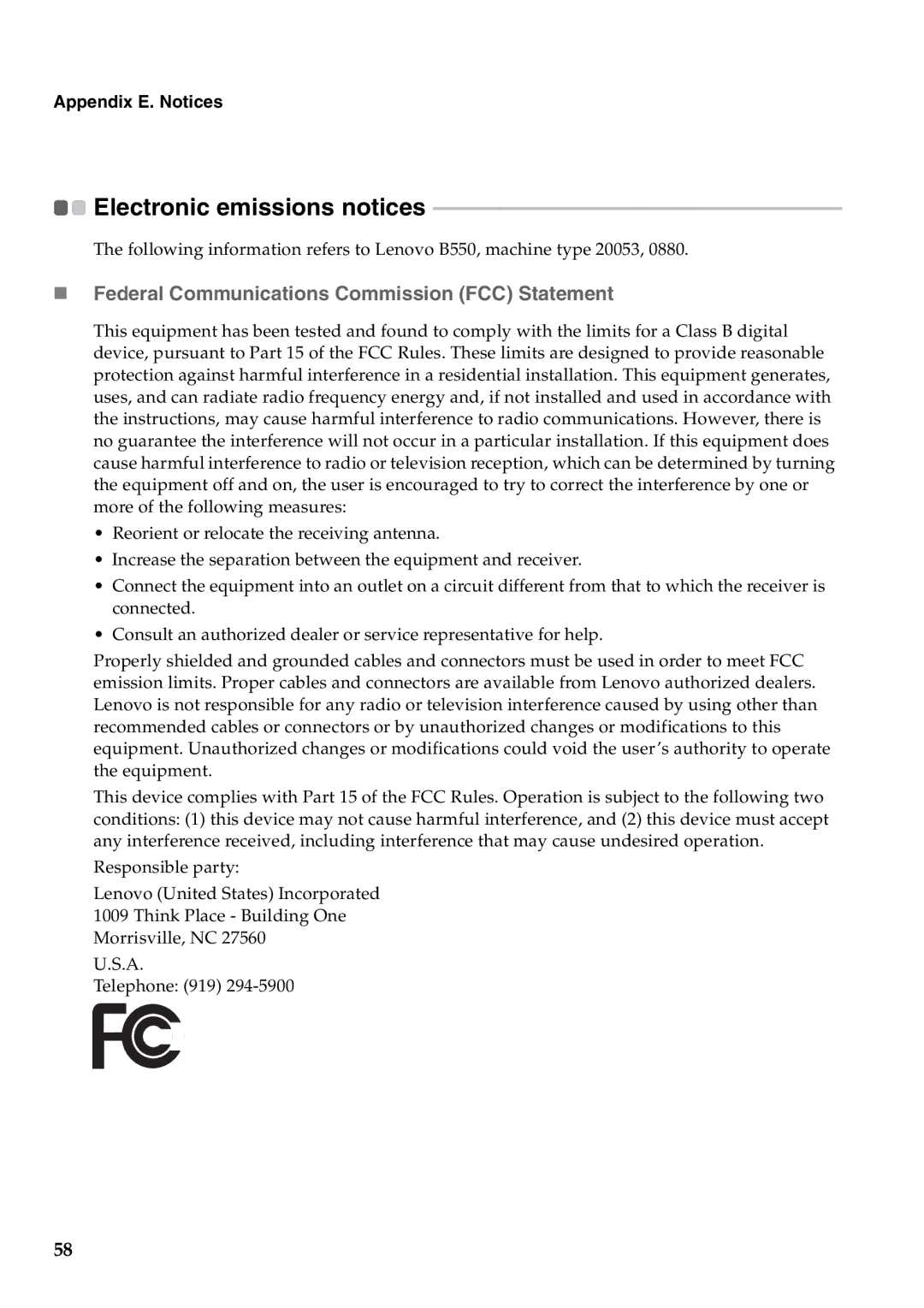 Lenovo 57323748, B550 manual Electronic emissions notices, „ Federal Communications Commission FCC Statement 