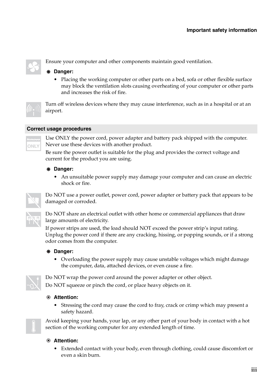 Lenovo B550, 57323748 manual Important safety information, Correct usage procedures 