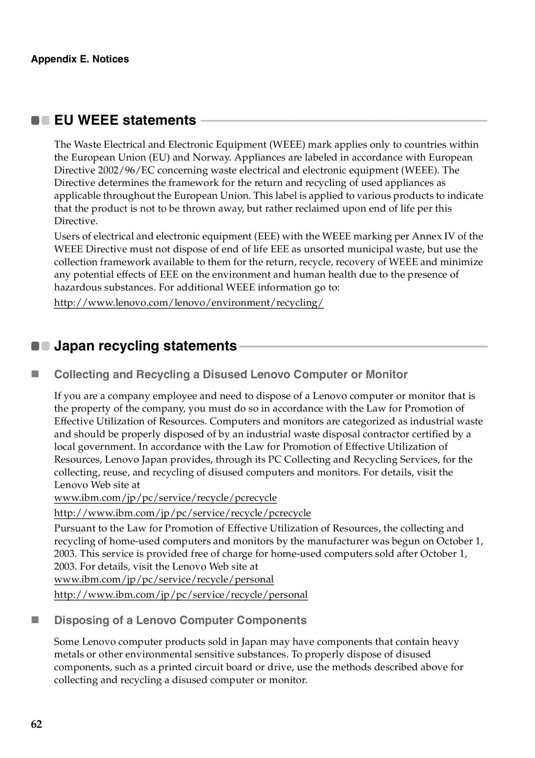 Lenovo 57323748, B550 manual Japan recycling statements, EU Weee statements, „ Disposing of a Lenovo Computer Components 