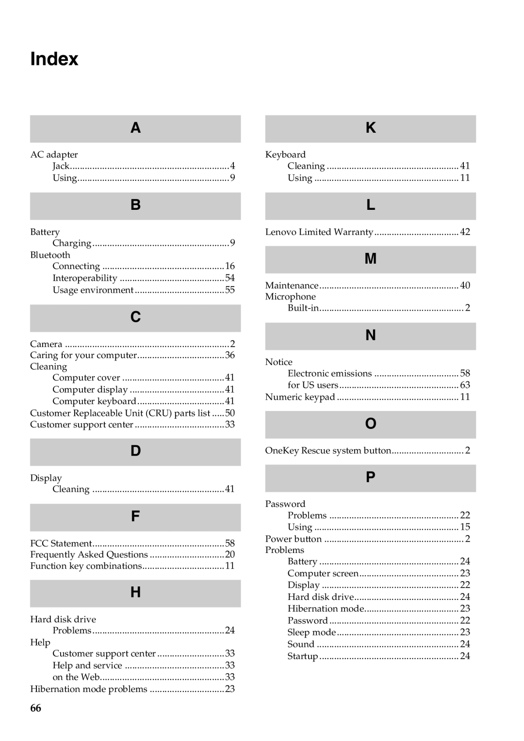 Lenovo 57323748, B550 manual Index 