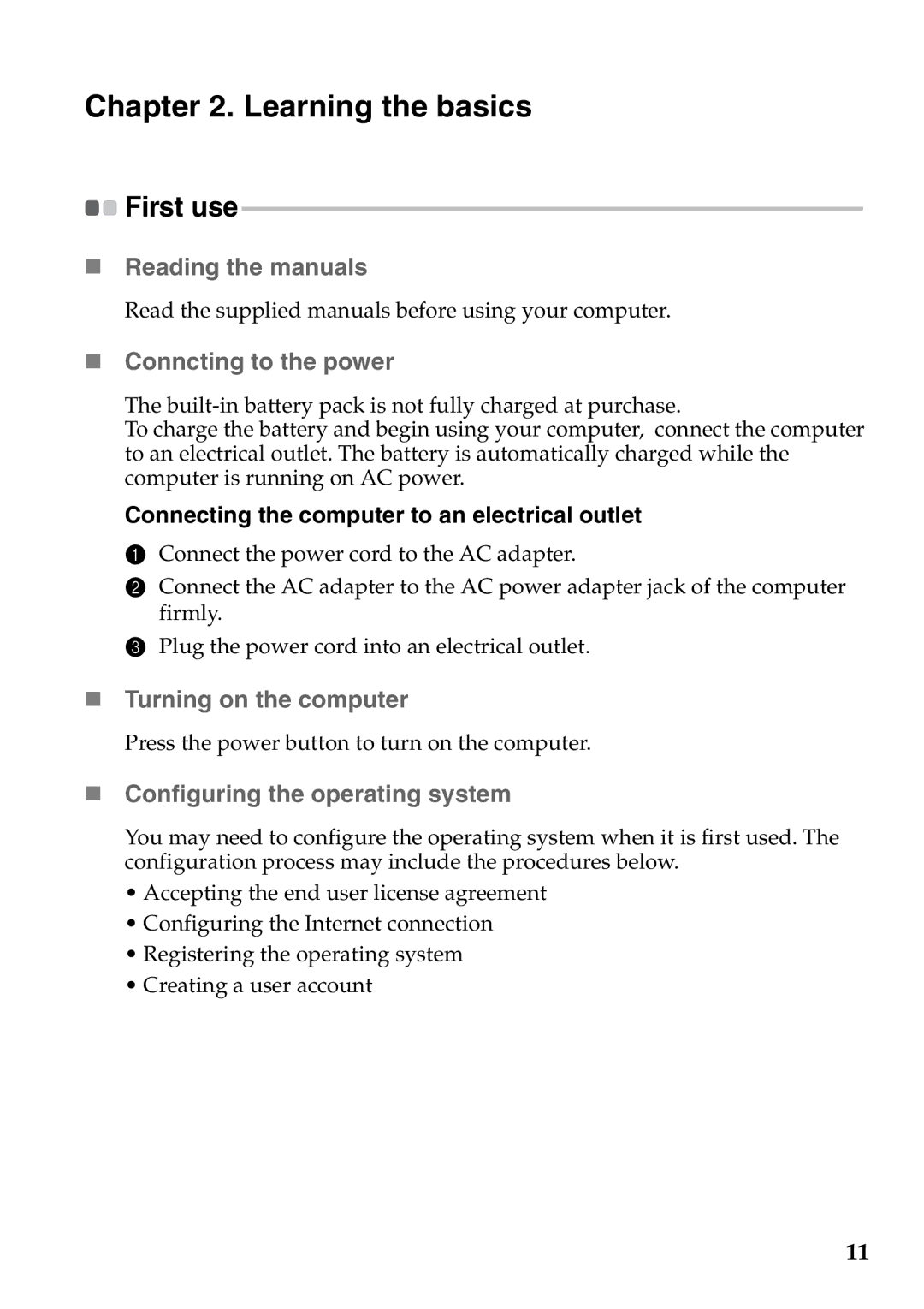 Lenovo 59343695, 59351627 Learning the basics, „ Reading the manuals, „ Conncting to the power, „ Turning on the computer 