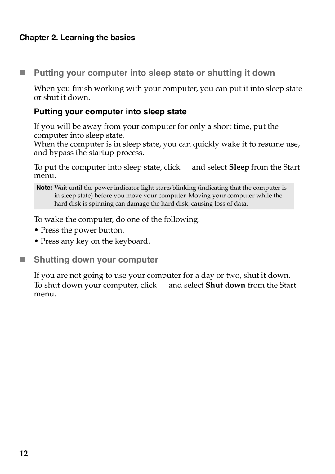 Lenovo N580, 59351627, 59343695 „ Shutting down your computer, Putting your computer into sleep state, Learning the basics 