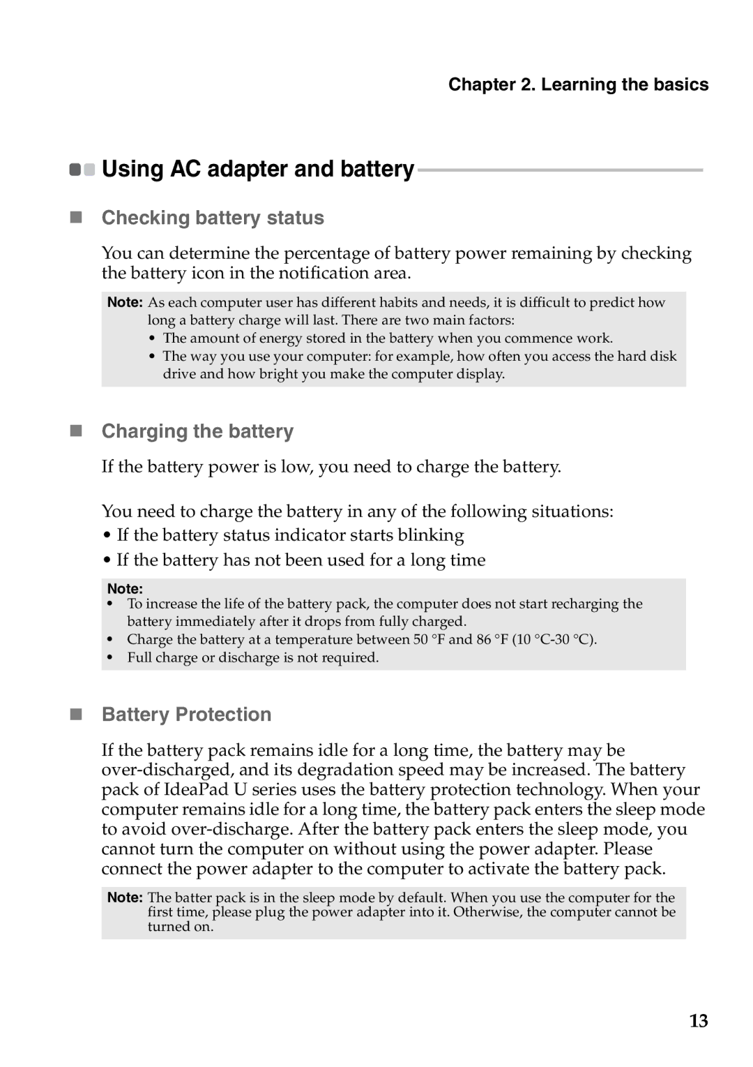 Lenovo 59RF0029, 59351627, 59343695, N580, 4376XC2 „ Checking battery status, „ Charging the battery, „ Battery Protection 