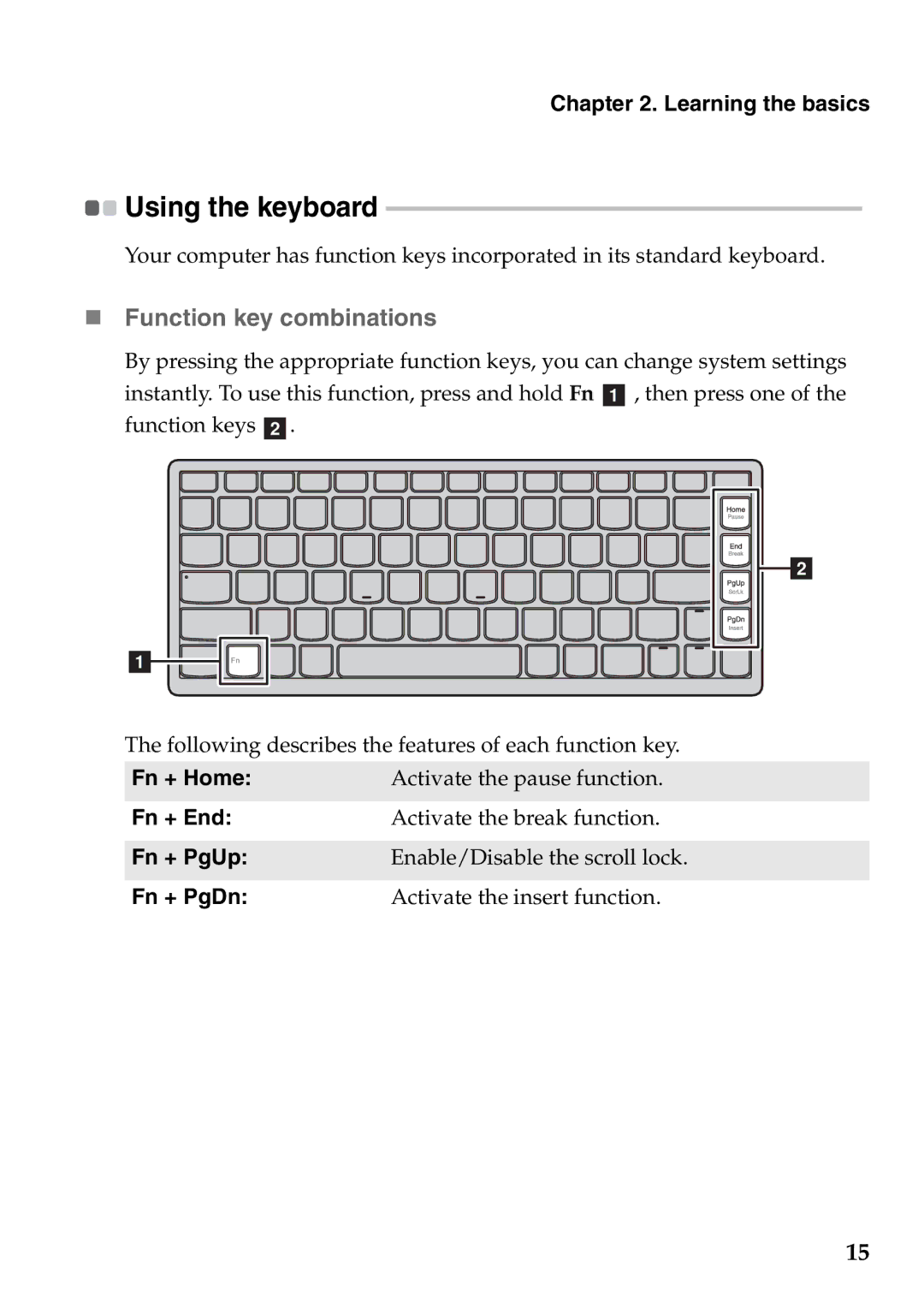 Lenovo U310, 59351627, 59343695, N580, 59RF0029, 4376XC2, U410 manual „ Function key combinations, Using the keyboard, Fn + End 