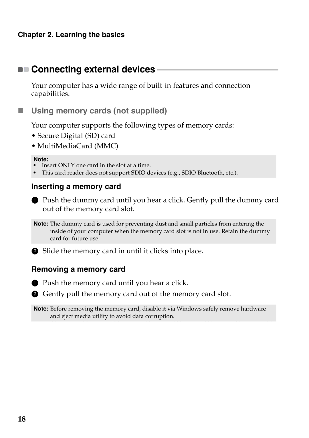 Lenovo 59343695, 59351627, N580, 59RF0029 „ Using memory cards not supplied, Inserting a memory card, Removing a memory card 