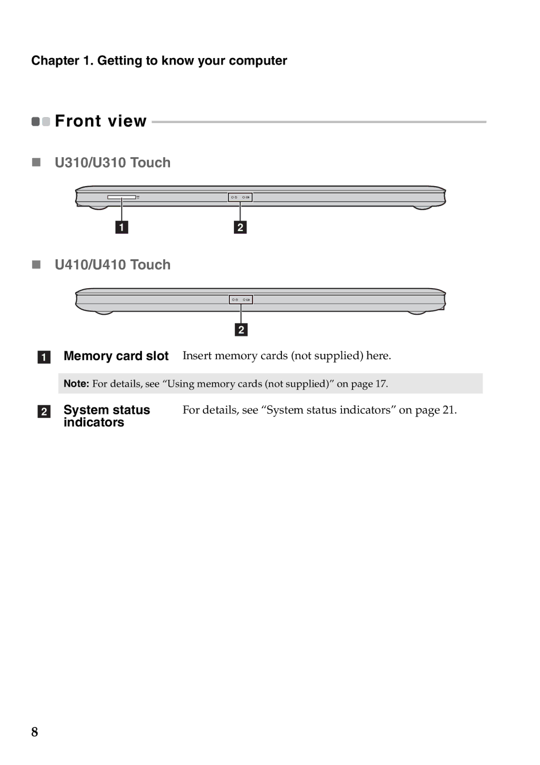 Lenovo 4376XC3, 59359210, 4376XC5 manual U310/U310 Touch U410/U410 Touch, Front view 