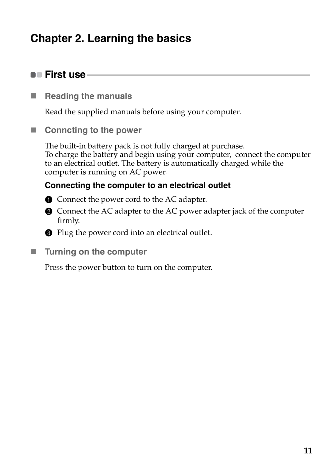 Lenovo 59359210, 4376XC5 Learning the basics, „ Reading the manuals, „ Conncting to the power, „ Turning on the computer 