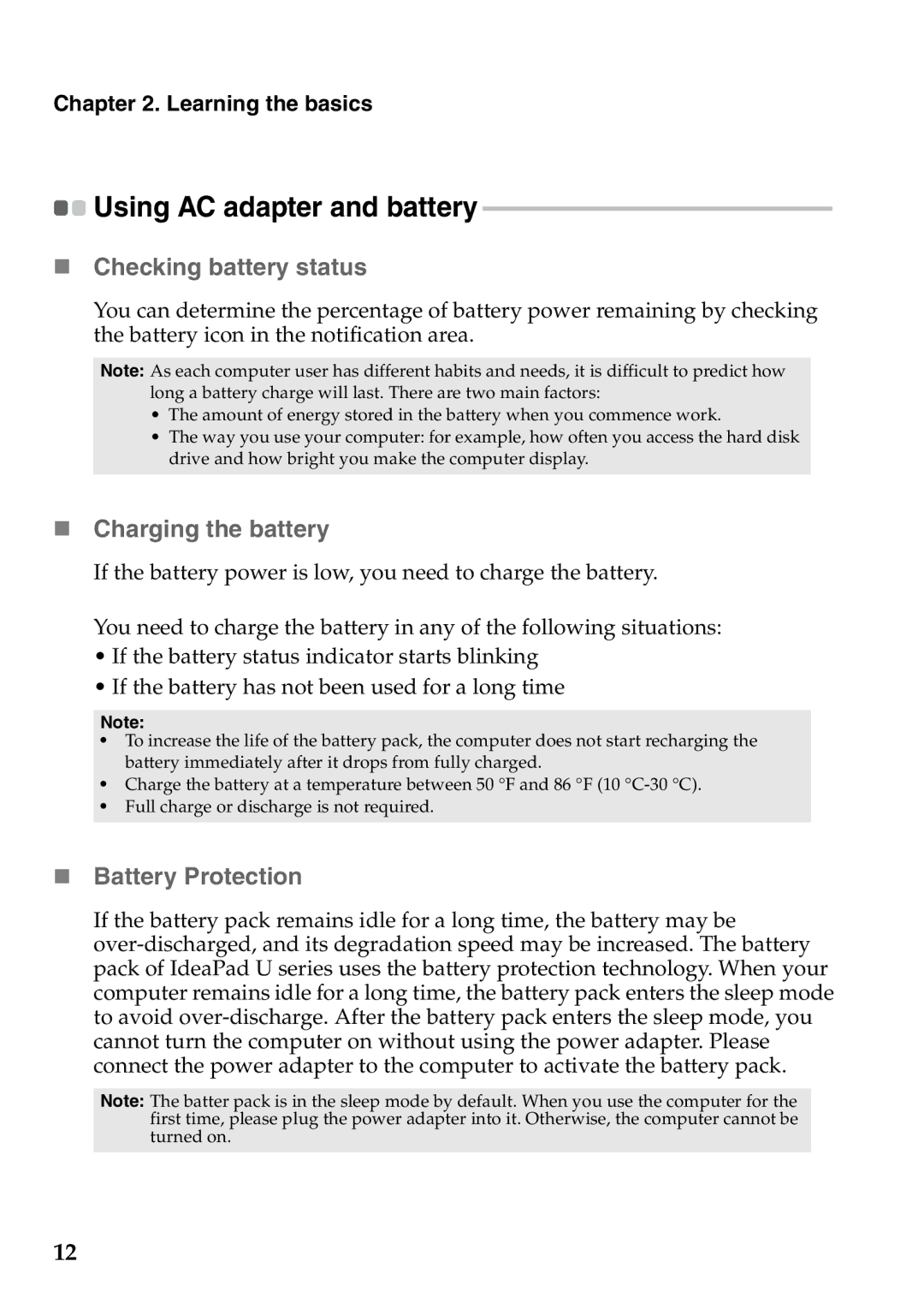 Lenovo 4376XC5, 59359210 manual „ Checking battery status, „ Charging the battery, „ Battery Protection, Learning the basics 