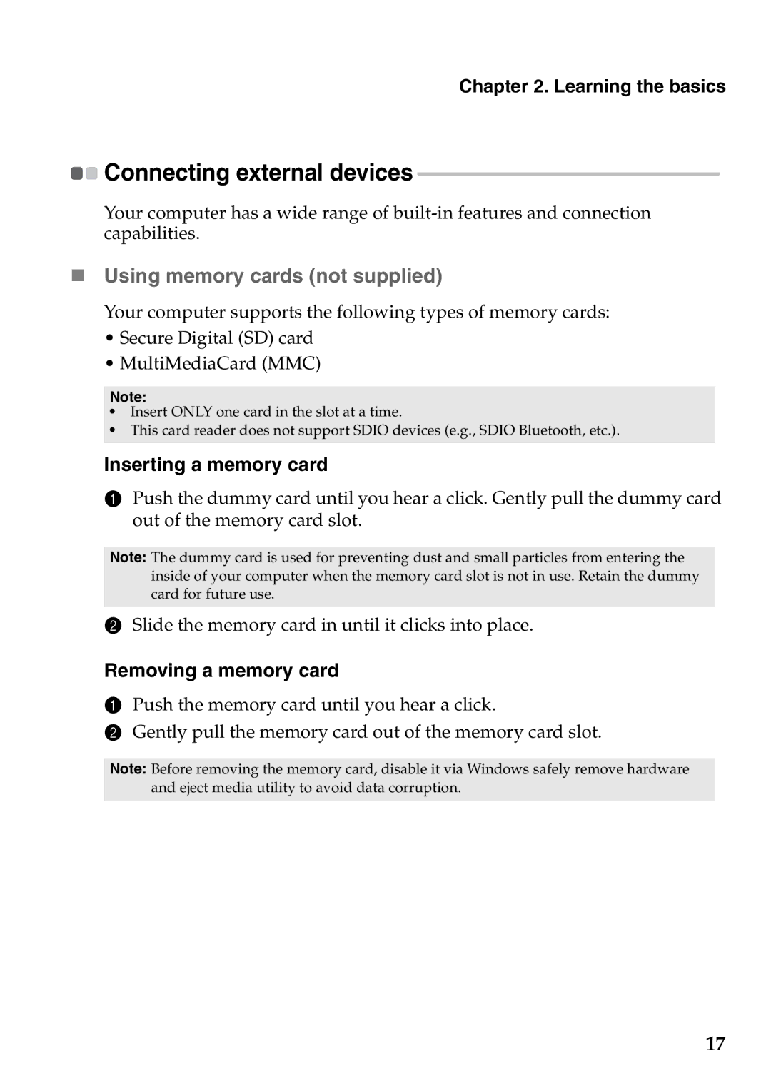 Lenovo 4376XC5, 59359210, 4376XC3 manual „ Using memory cards not supplied, Inserting a memory card, Removing a memory card 