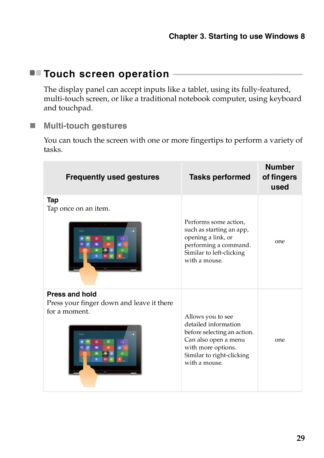 Lenovo U310 Touch, 59359210, 4376XC5, 4376XC3, U410 Touch manual Touch screen operation, „ Multi-touch gestures 